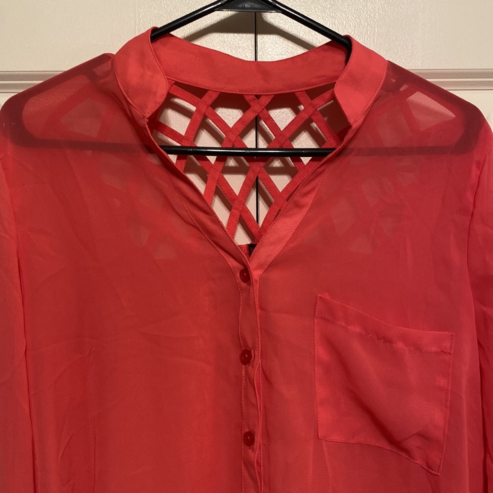 Nollie Lattice Back Button Down Roll Tab Blouse - image 3